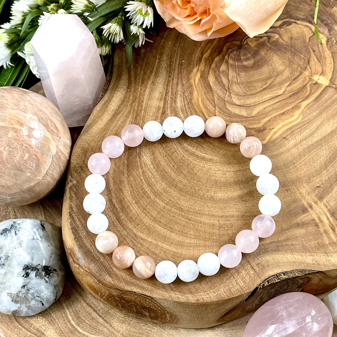 TRIPLE POWER ROSE QUARTZ, SUNSTONE & SELENITE BRACELET