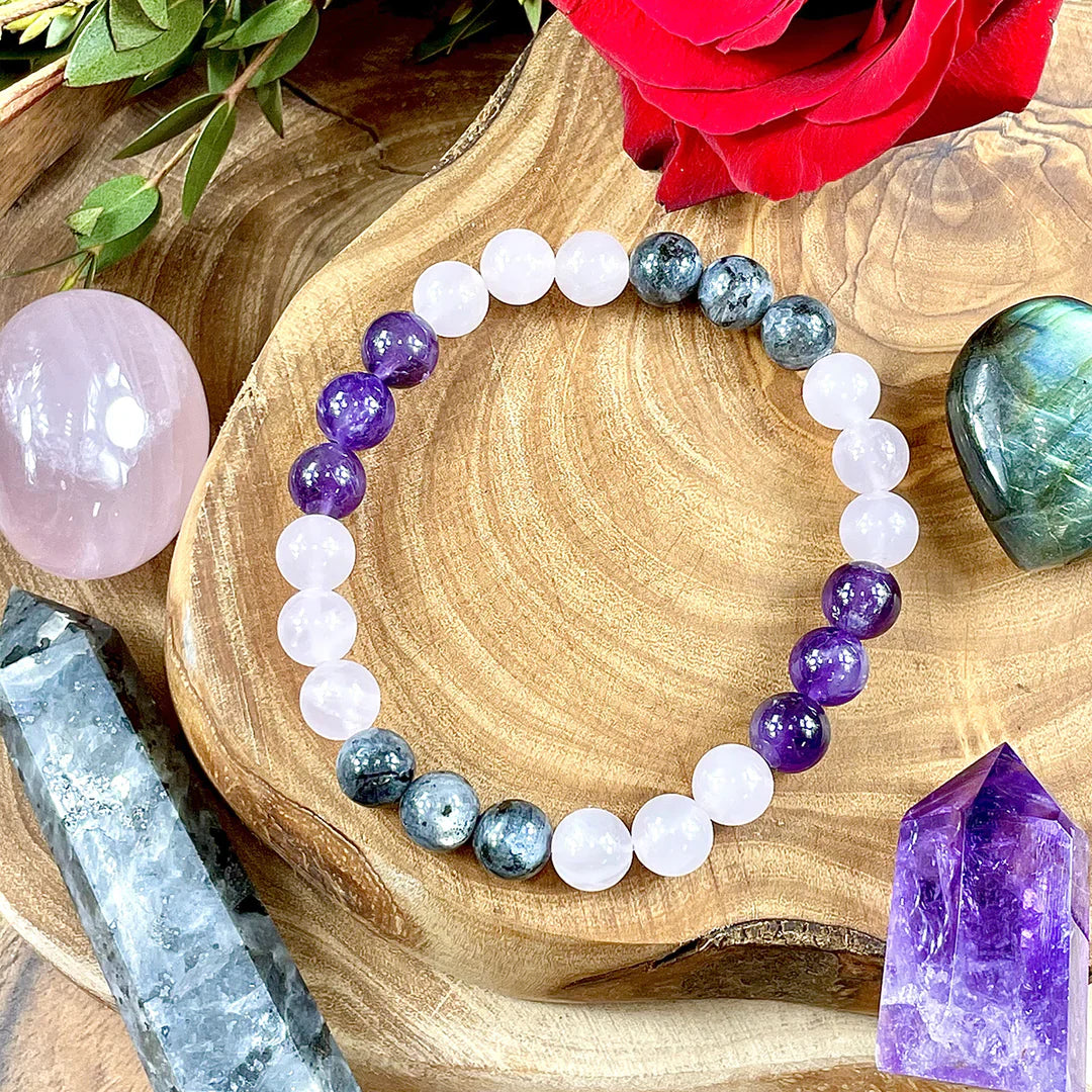 TRIPLE POWER LABRADORITE, AMETHYST & ROSE QUARTZ BRACELET