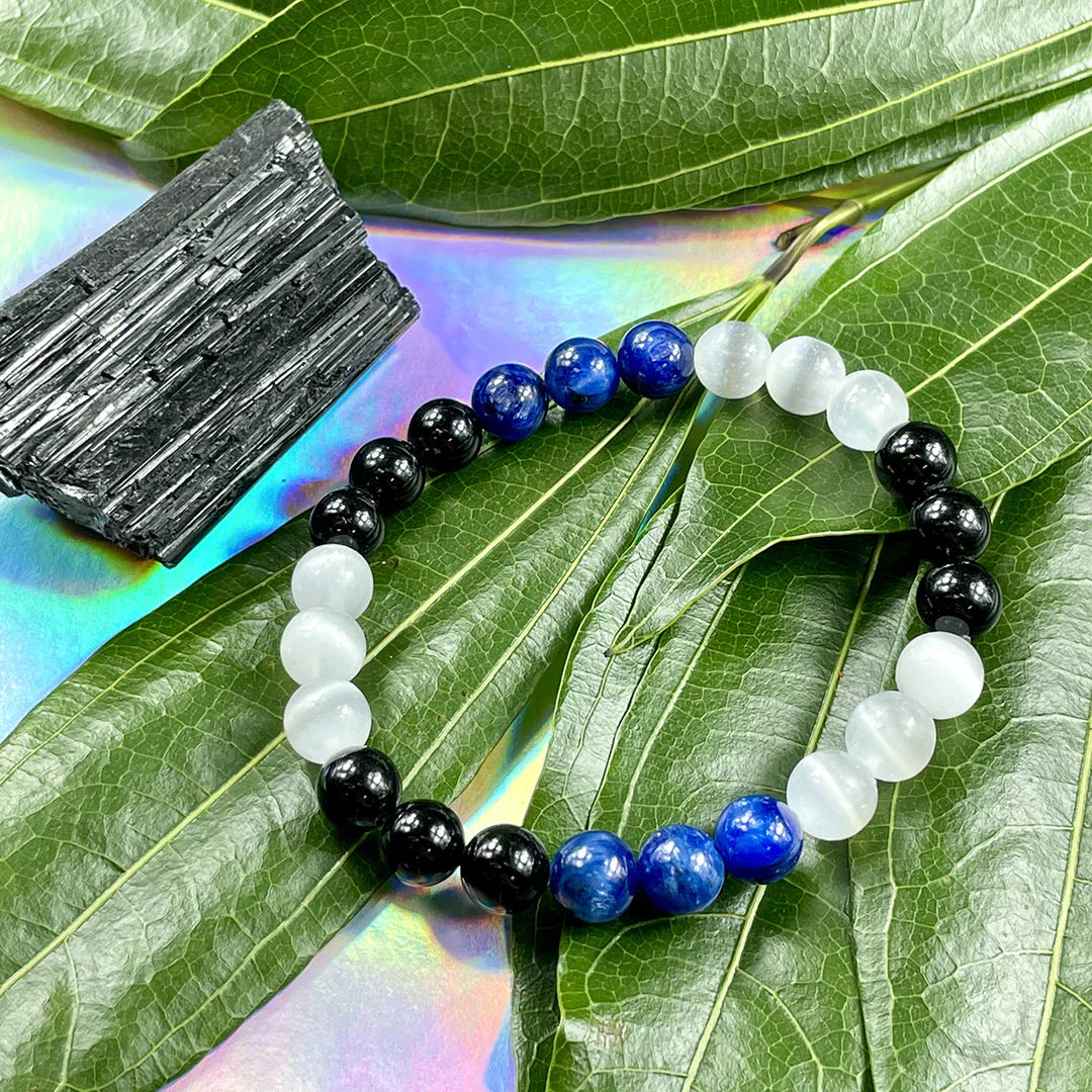 TRIPLE POWER BLACK BANDED, SELENITE & LAPIS LAZULI BRACELET