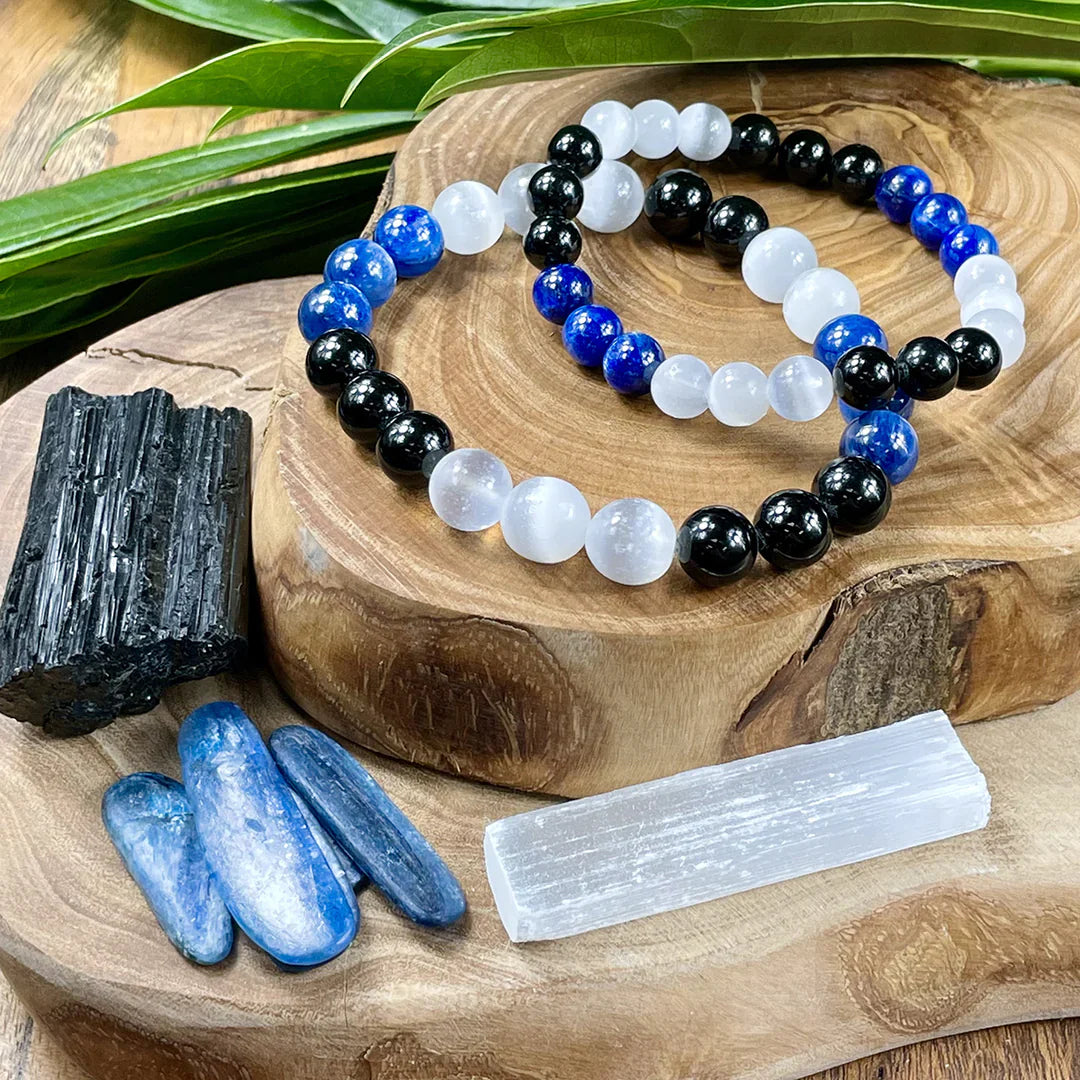TRIPLE POWER BLACK BANDED, SELENITE & LAPIS LAZULI BRACELET