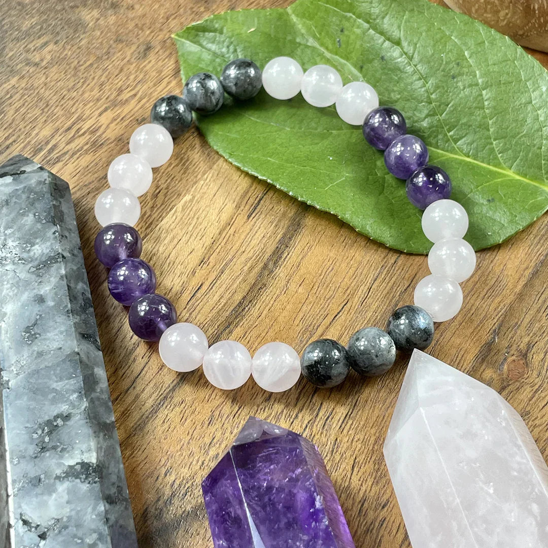 TRIPLE POWER LABRADORITE, AMETHYST & ROSE QUARTZ BRACELET