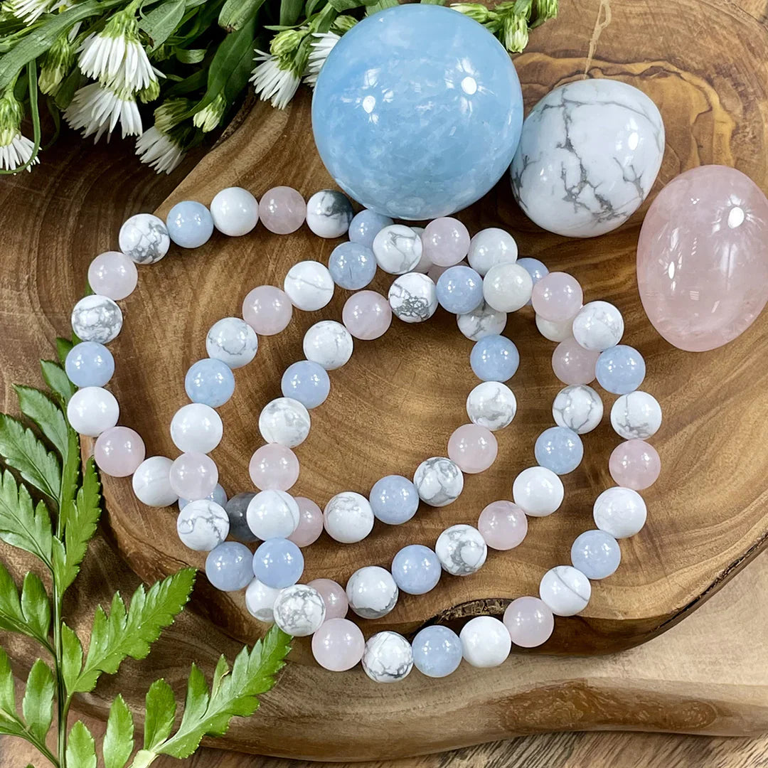 TRIPLE POWER HOWLITE, ROSE QUARTZ & AQUAMARINE BRACELET