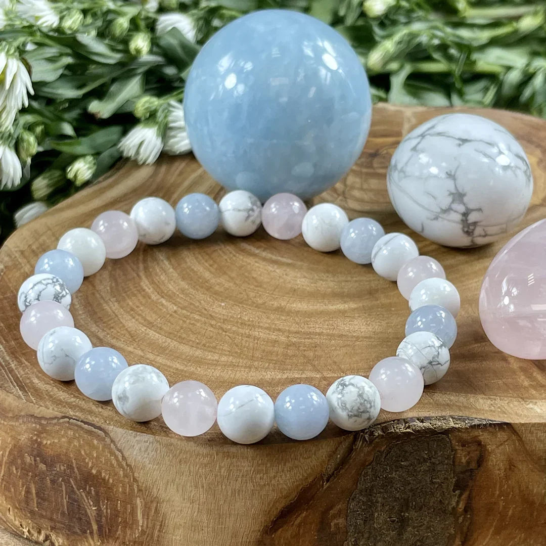 TRIPLE POWER HOWLITE, ROSE QUARTZ & AQUAMARINE BRACELET