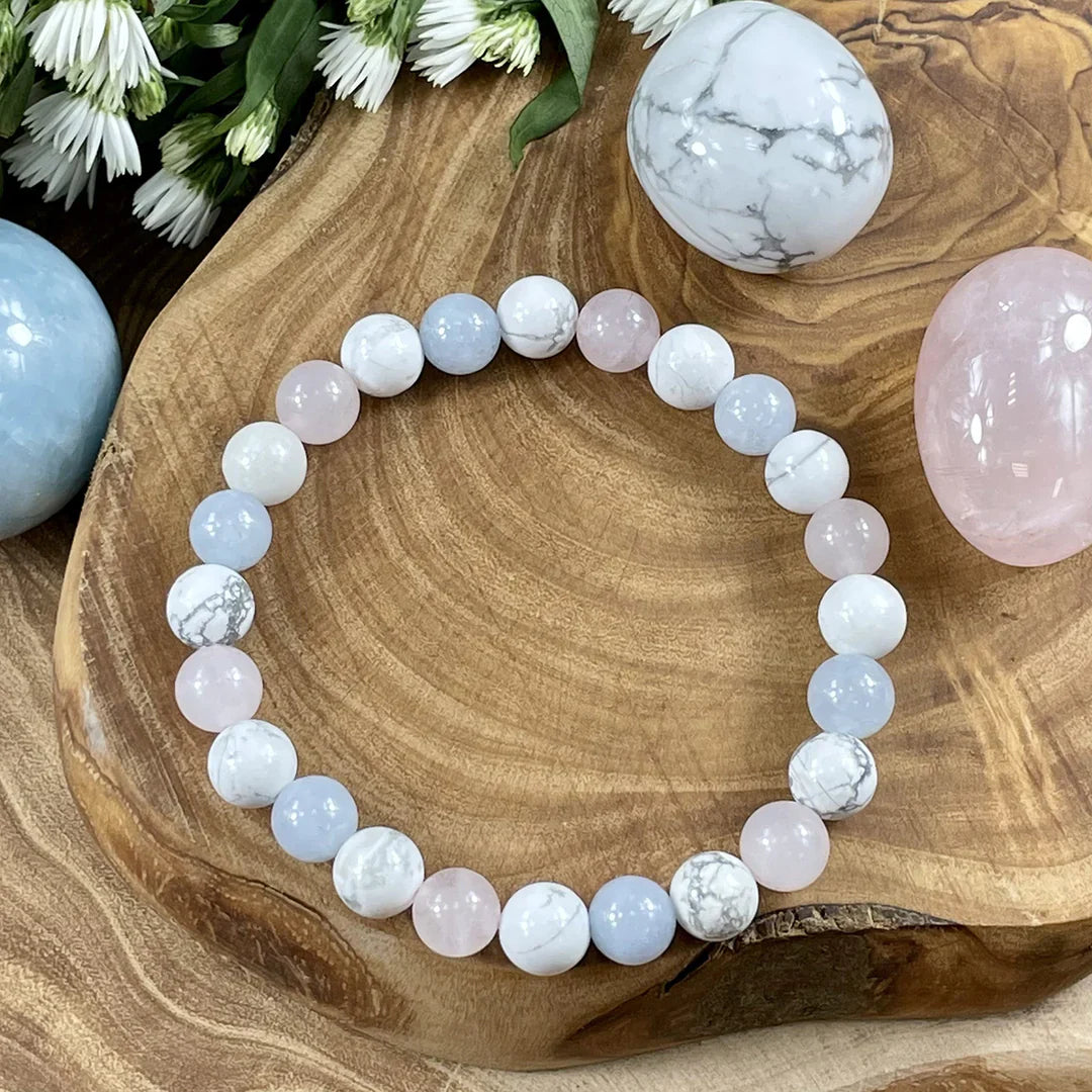 TRIPLE POWER HOWLITE, ROSE QUARTZ & AQUAMARINE BRACELET