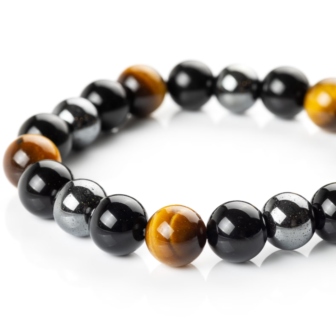 TRIPLE POWER HEMATITE, TIGER EYE & BLACK BANDED BRACELET