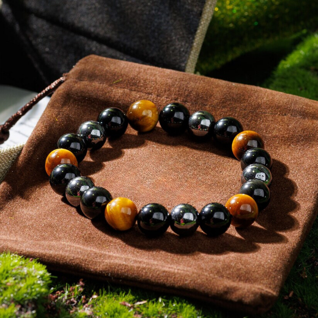 TRIPLE POWER HEMATITE, TIGER EYE & BLACK BANDED BRACELET